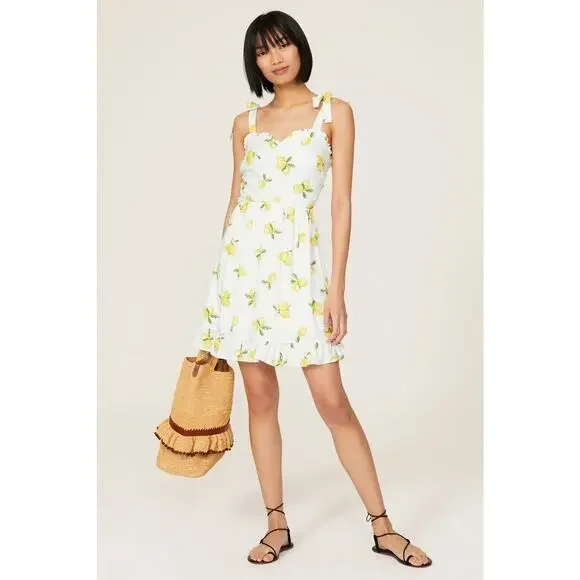 SLATE & WILLOW Yellow White Lemon Print Sweetheart Neckline Midi Dress Size XS - Picture 1 of 12